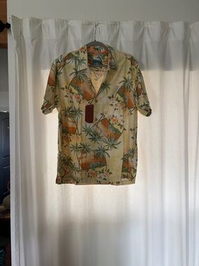 Tommy Bahama Yellow Hawaiian Shirt with Green and Brown Palm Print